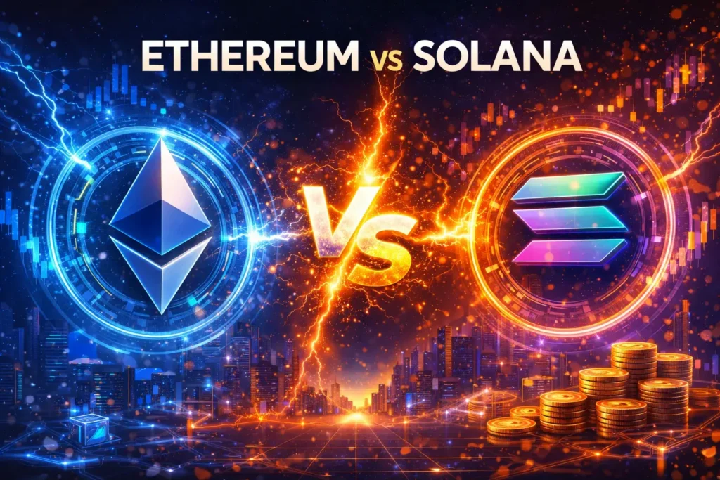 Make a widescreen (2:1) image on the topic: Ethereum vs Solana